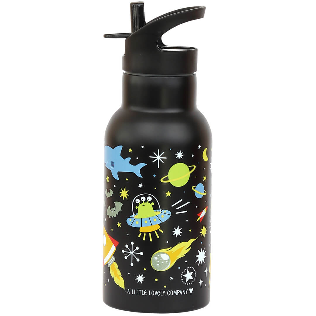 A Little Lovely Company zwarte kinder drinkfles met kleurrijke galaxy en ruimtefiguren.