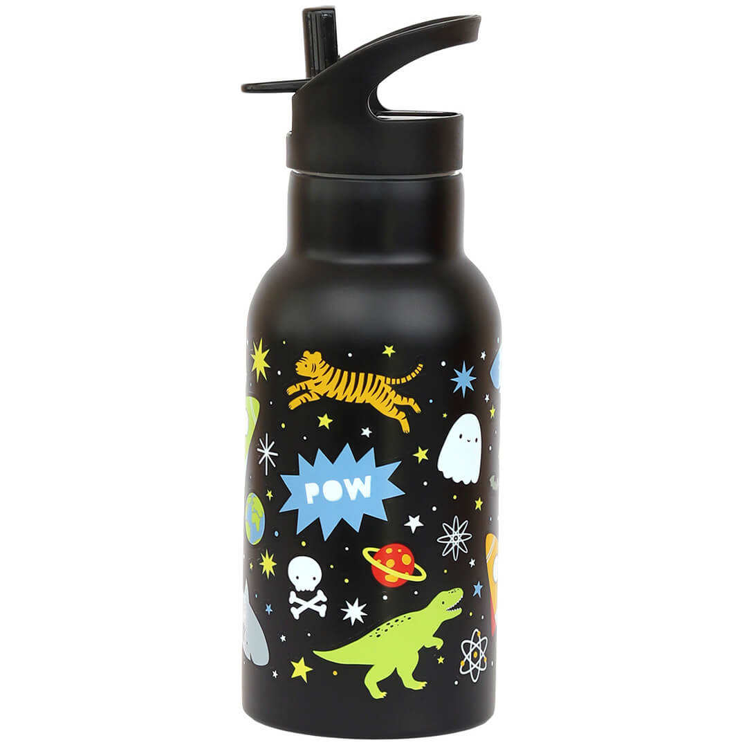 A Little Lovely Company zwarte kinder drinkfles met galaxy en diverse figuren, waaronder een tijger en een dinosaurus.
