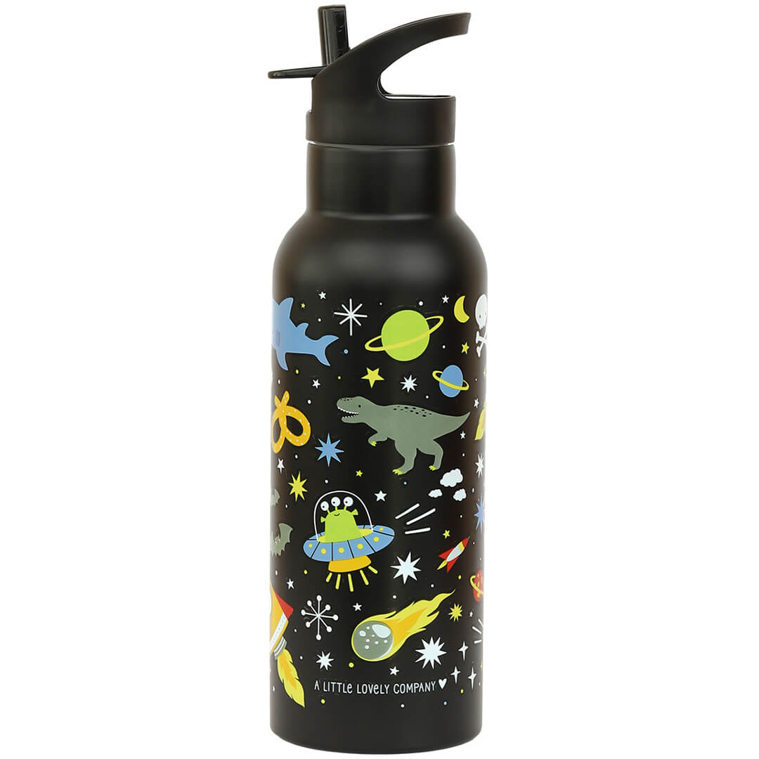 A little lovely company zwarte kinder drinkfles met galaxy-thema, inclusief planeten, sterren, een dinosaurus en een ruimteschip.