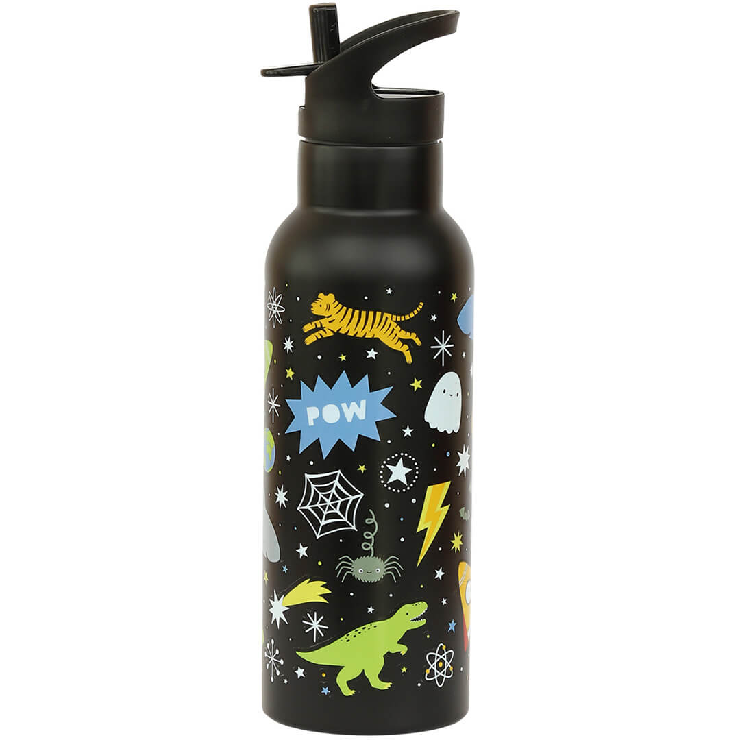 Zwarte kinder drinkfles met een galaxy-thema patroon van een tijger, spook, dinosaurus en sterren.