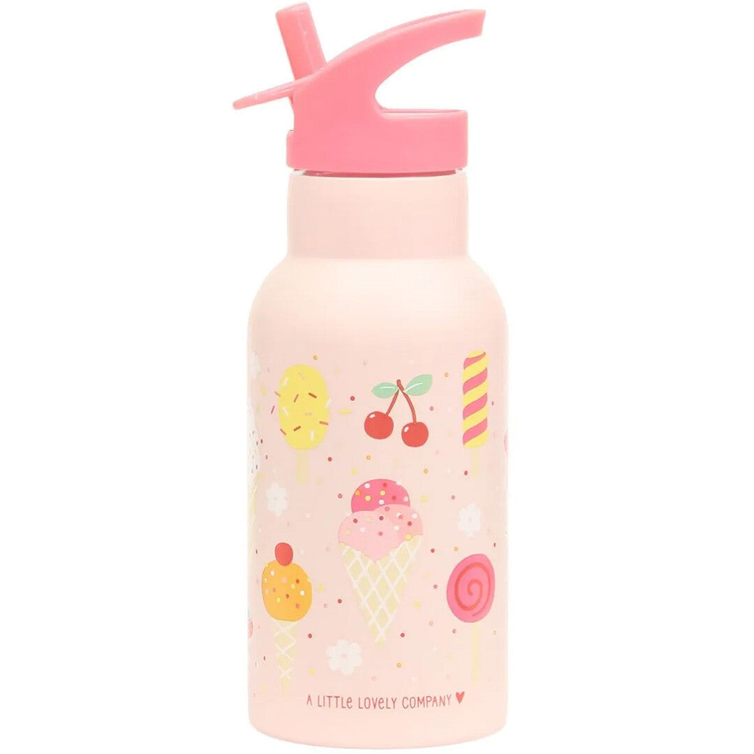 A Little Lovely Company roze kinderdrinkfles met ijsjes en snoepjes patroon en roze drinktuit.