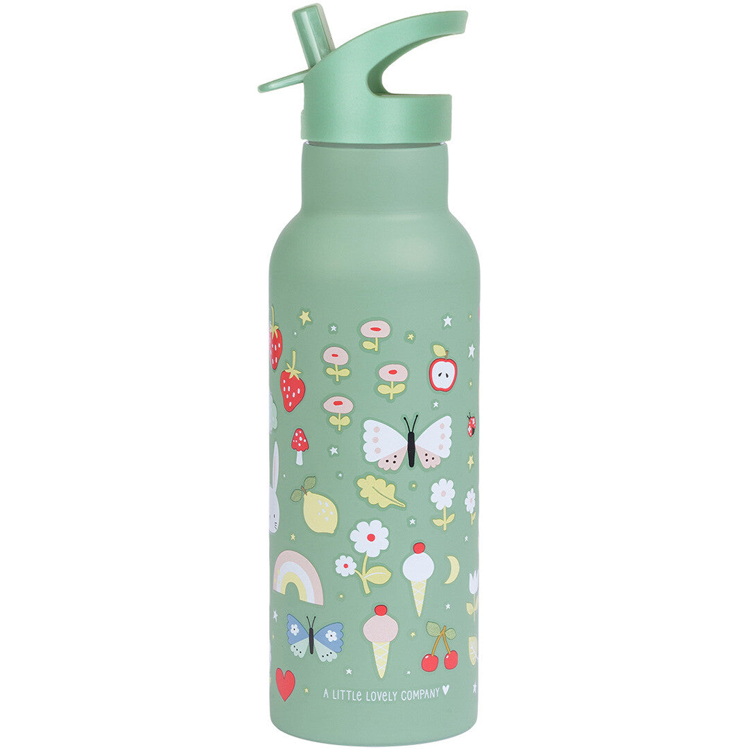 A Little Lovely Company groene kinderdrinkfles met een patroon van dieren, bloemen en fruit.