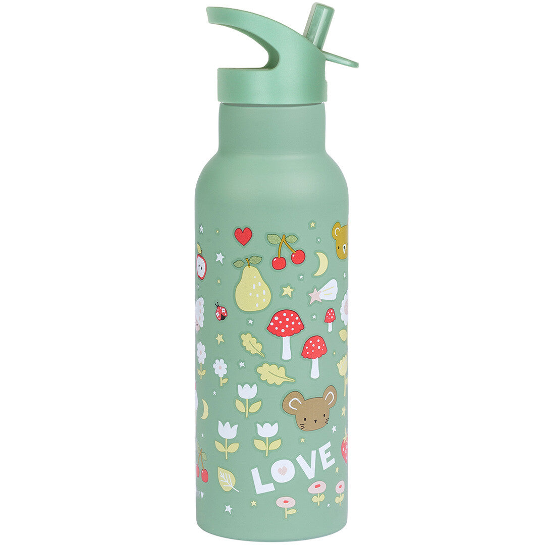 A Little Lovely Company groene kinderdrinkfles met een patroon van beren, paddenstoelen en fruit.