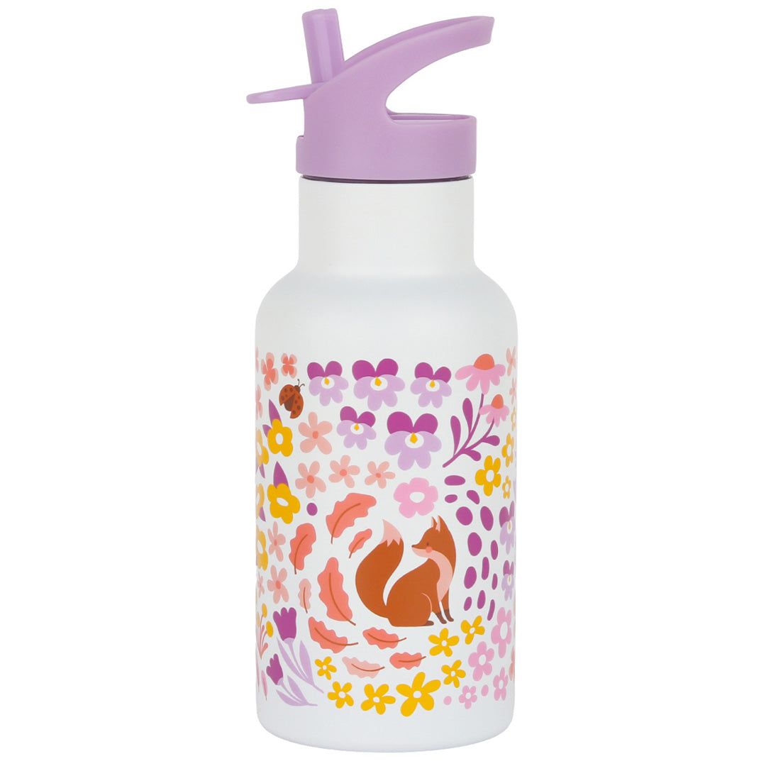 Een a little lovely company kinderdrinkfles met een kleurrijk bloemen- en vossenpatroon en een paarse dop.