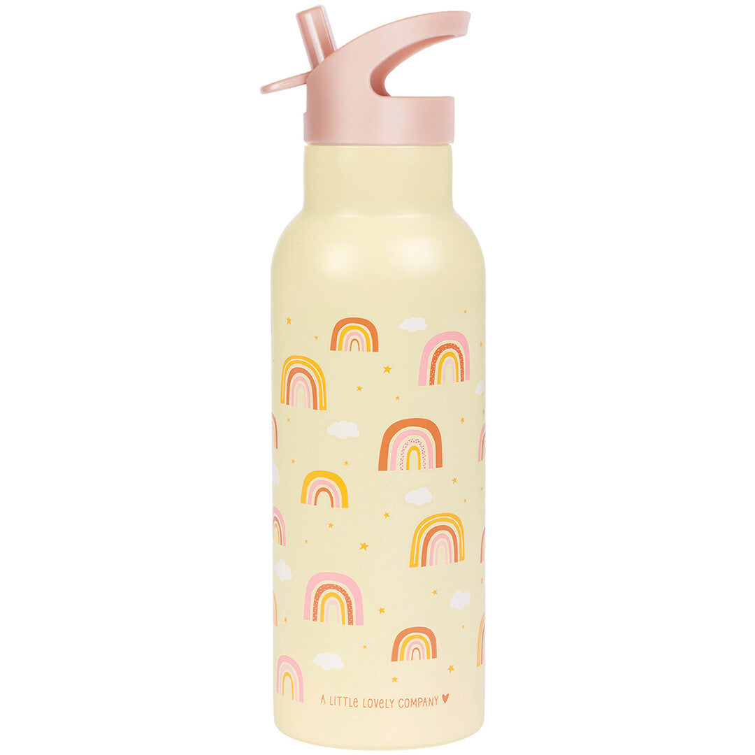 A Little Lovely Company gele kinder drinkfles van roestvrij staal met roze rietjesdop en regenboogpatroon.