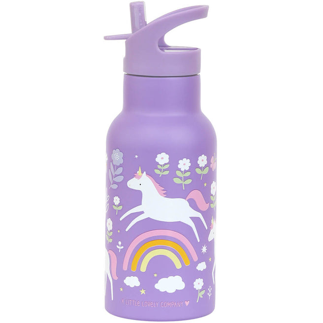 A little lovely company paarse kinder drinkfles met eenhoorn, regenboog en bloemenpatroon.