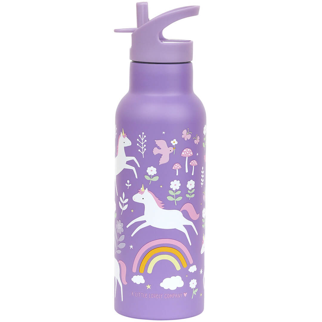 Een A Little Lovely Company paarse RVS drinkfles voor kinderen met eenhoorn- en regenboogpatroon.