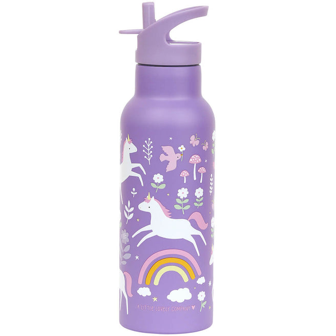 Een A Little Lovely Company paarse RVS drinkfles voor kinderen met eenhoorn- en regenboogpatroon.