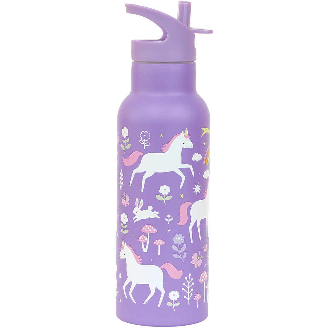 Een A Little Lovely Company paarse RVS drinkfles voor kinderen met eenhoorn- en regenboogpatroon.