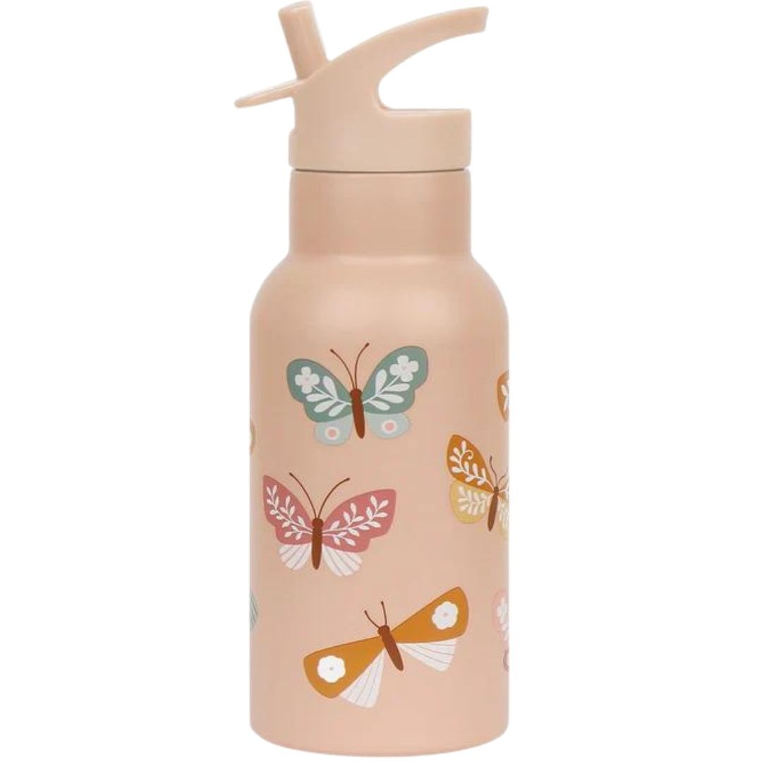 A Little Lovely Company roze kinderdrinkfles van roestvrij staal met vlinderprint en rietje.