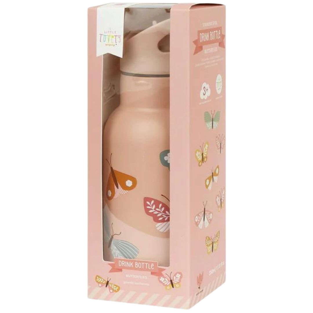 Verpakking van de A Little Lovely Company roze kinderdrinkfles met vlinderprint, met een venster dat de fles toont.