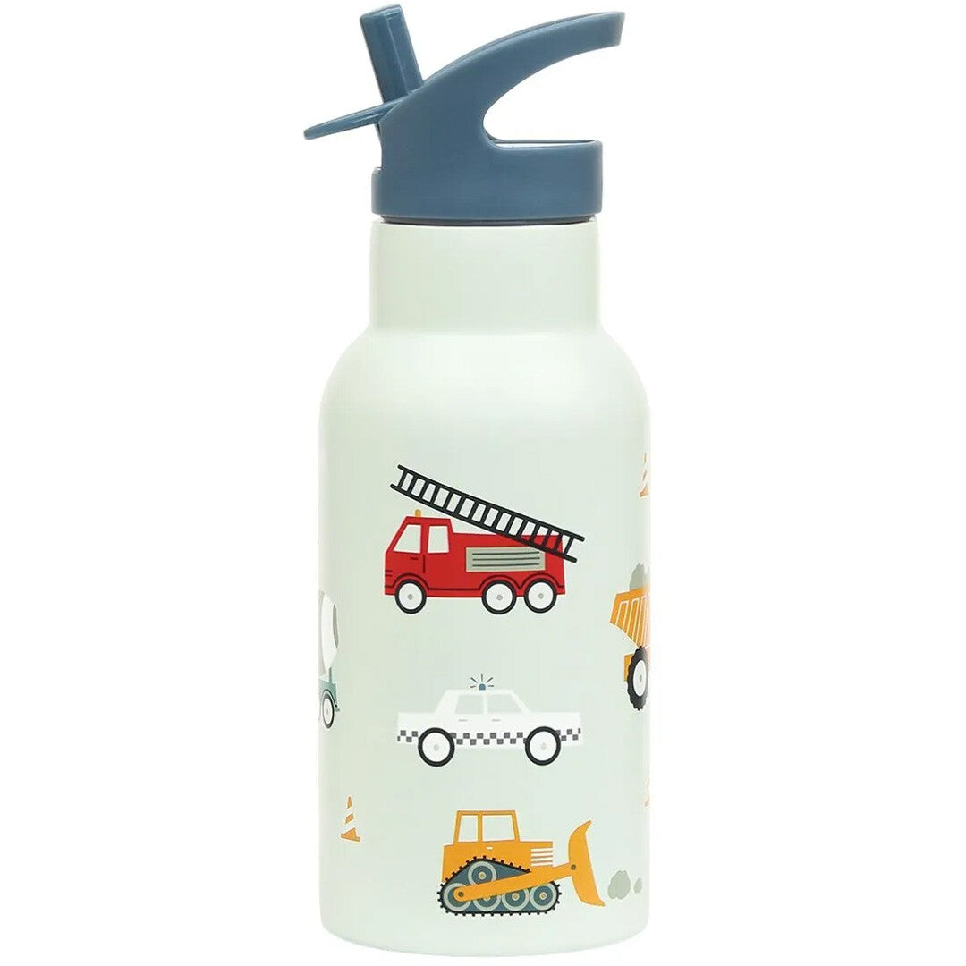 a little lovely company kinderdrinkfles van roestvrij staal met voertuigenpatroon en blauwe drinktuit.