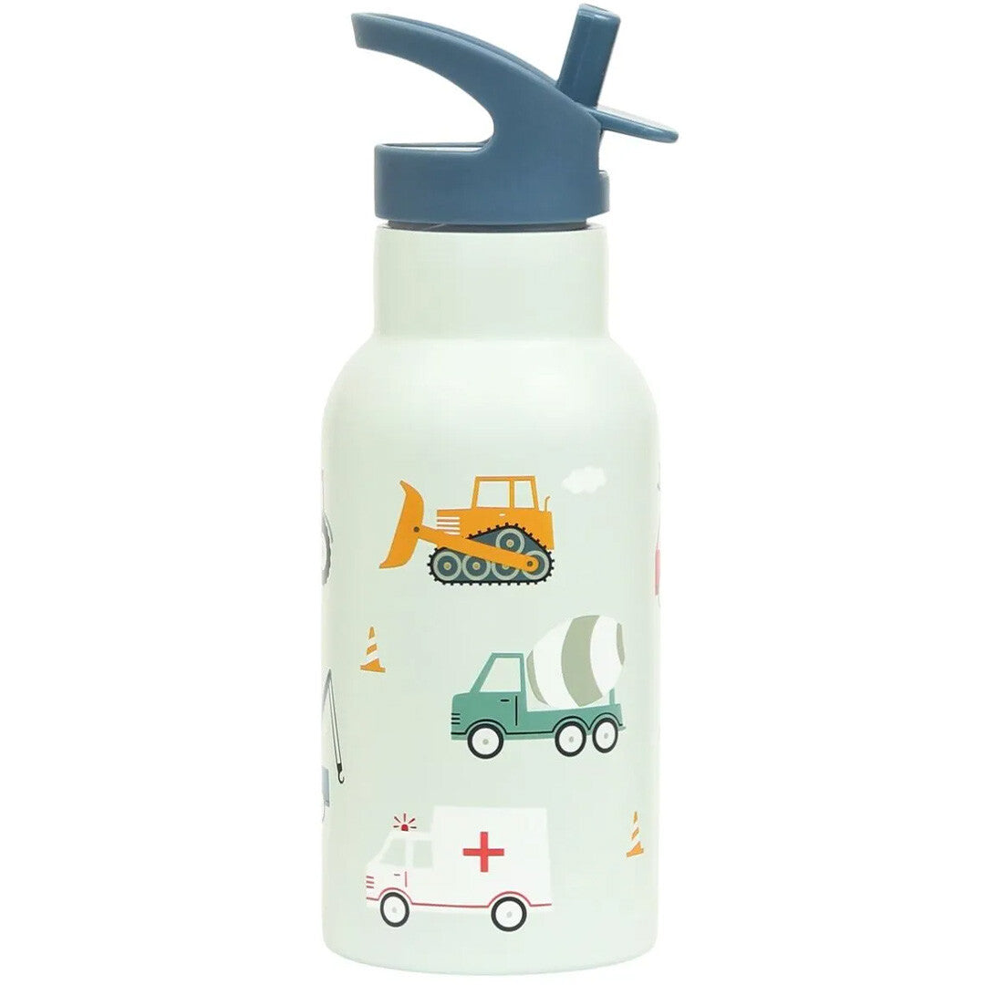 a little lovely company kinderdrinkfles van roestvrij staal met voertuigenpatroon en blauwe drinktuit.