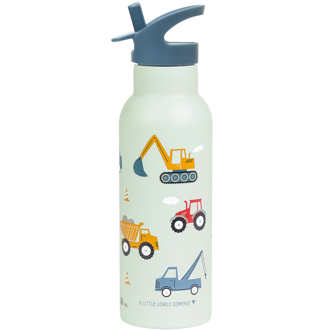 A Little Lovely Company kinder drinkfles met voertuigenpatroon, inclusief graafmachine en kiepwagen.
