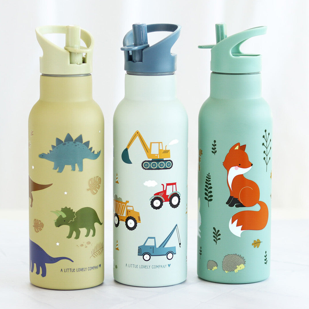 Drie A Little Lovely Company kinder drinkflessen met verschillende patronen: dinosaurussen, voertuigen en bosdieren.