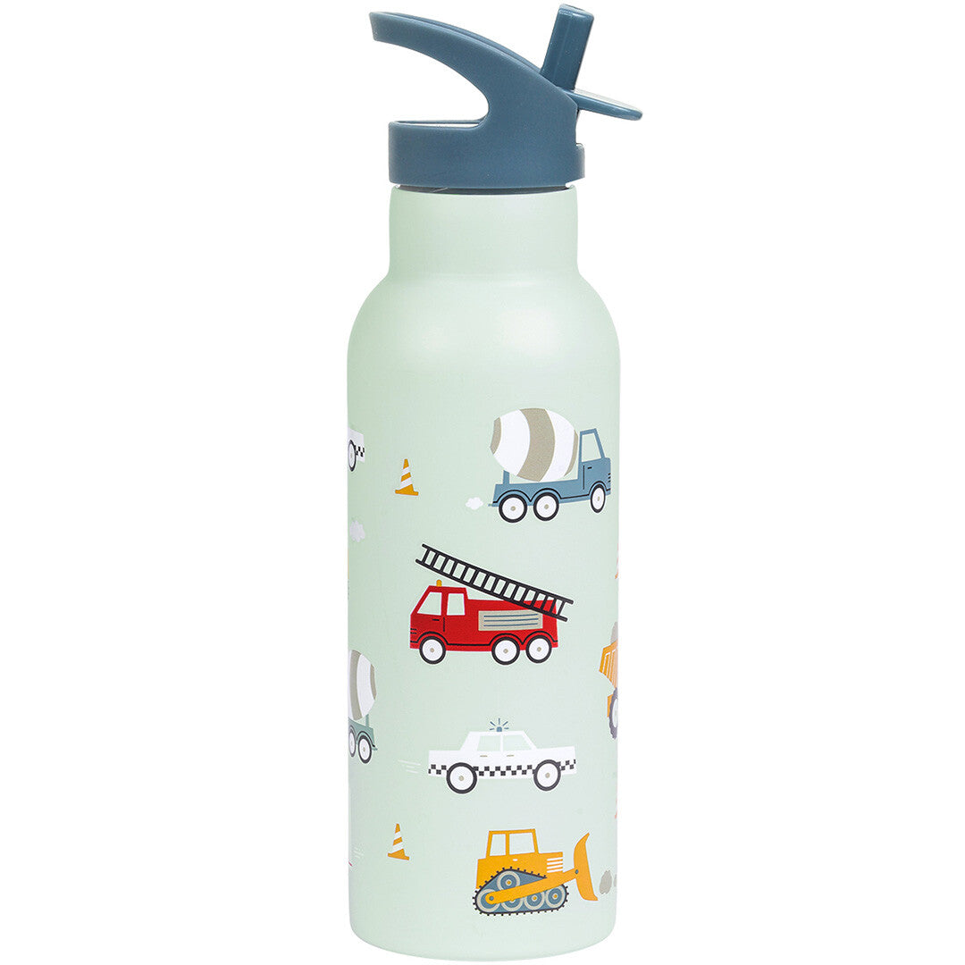 A Little Lovely Company kinder drinkfles met voertuigenpatroon, inclusief cementwagen en brandweerwagen.