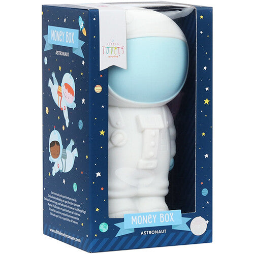 De a little lovely company astronaut spaarpot in zijn donkerblauwe verpakking met ruimtevaartthema.