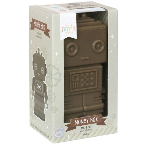 Verpakking van de bruine robot spaarpot van a little lovely company.