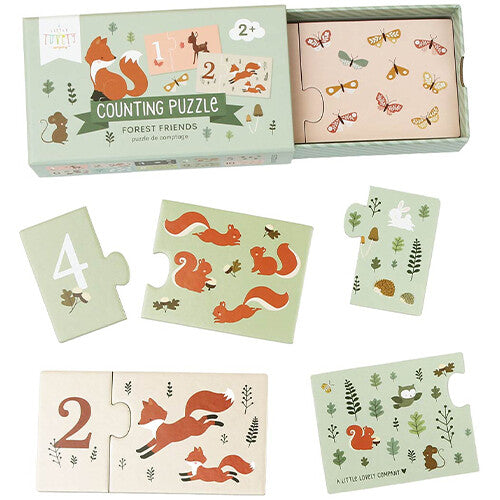 a little lovely company telpuzzel 'Forest Friends' met open doos en losse puzzelstukken met nummers en bosdieren.