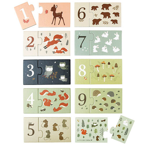 Alle tien paren van de a little lovely company telpuzzel 'Forest Friends' met nummers 1 tot en met 10 en bijbehorende bosdieren.