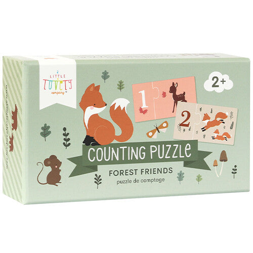 De voorkant van de verpakking van de a little lovely company telpuzzel 'Forest Friends' met een vos en muis.