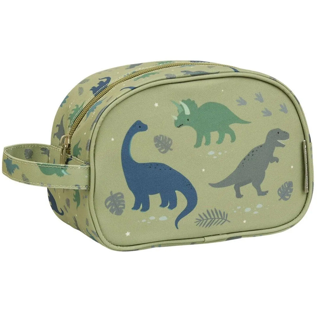Een a little lovely company groene toilettas met een patroon van dinosaurussen en bladeren.