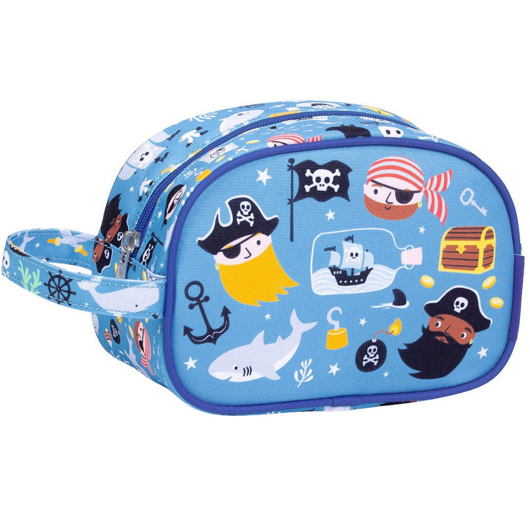 a little lovely company blauwe toilettas met piratenfiguren, schuin van voren gefotografeerd.