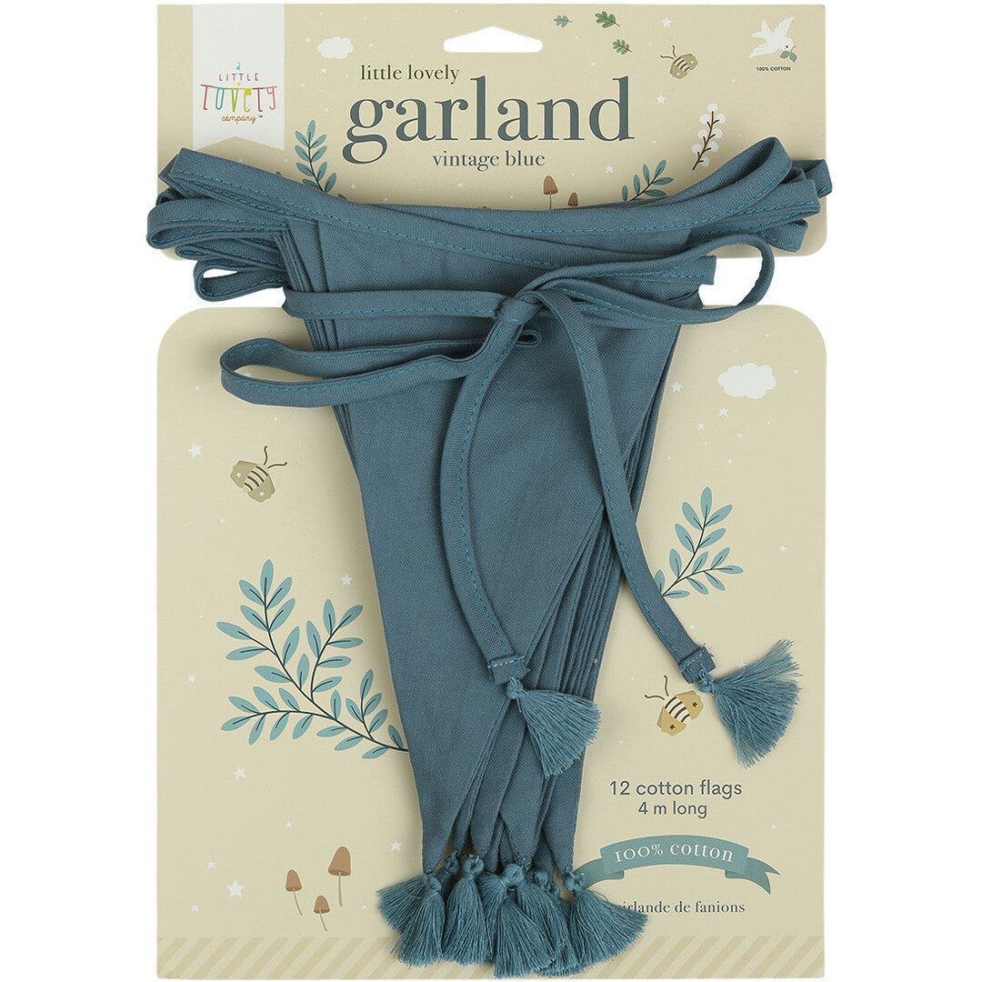 De verpakking van de a little lovely company stoffen slinger in vintage blauw.