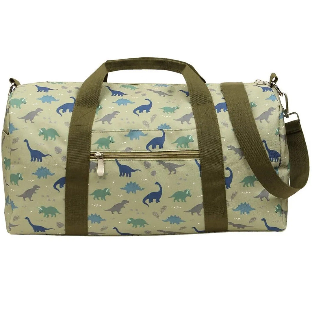 a little lovely company groene kinderweekendtas met dinosauruspatroon, van voren gezien.