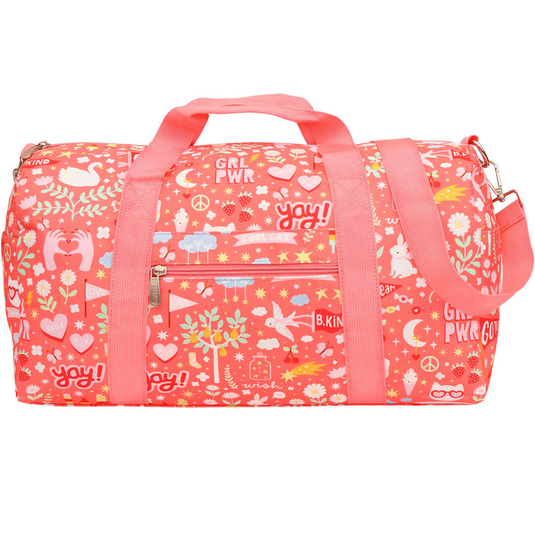 a little lovely company roze weekendtas voor kinderen met vrolijke print van dieren, bloemen en tekst.