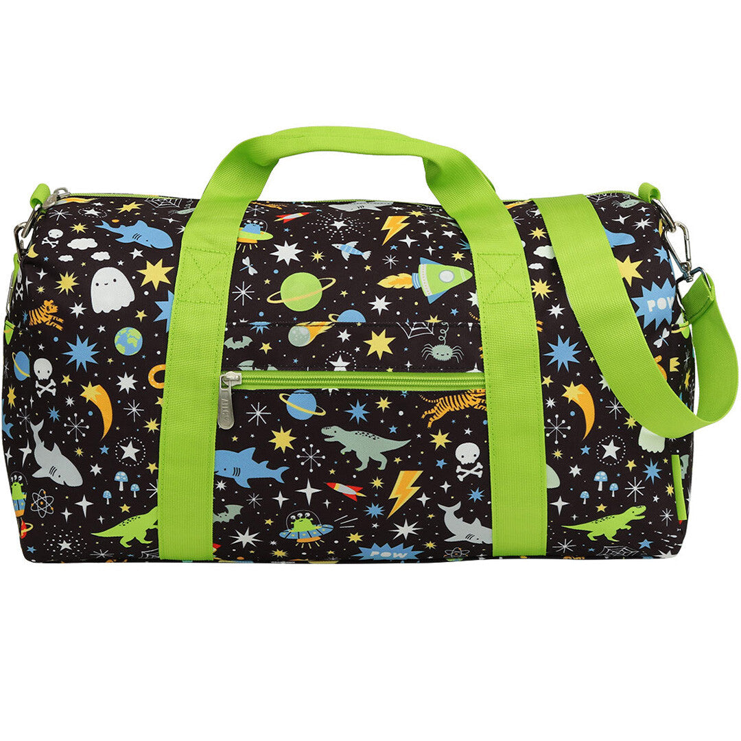 a little lovely company kinder weekendtas met galaxy patroon en groene hengsels.