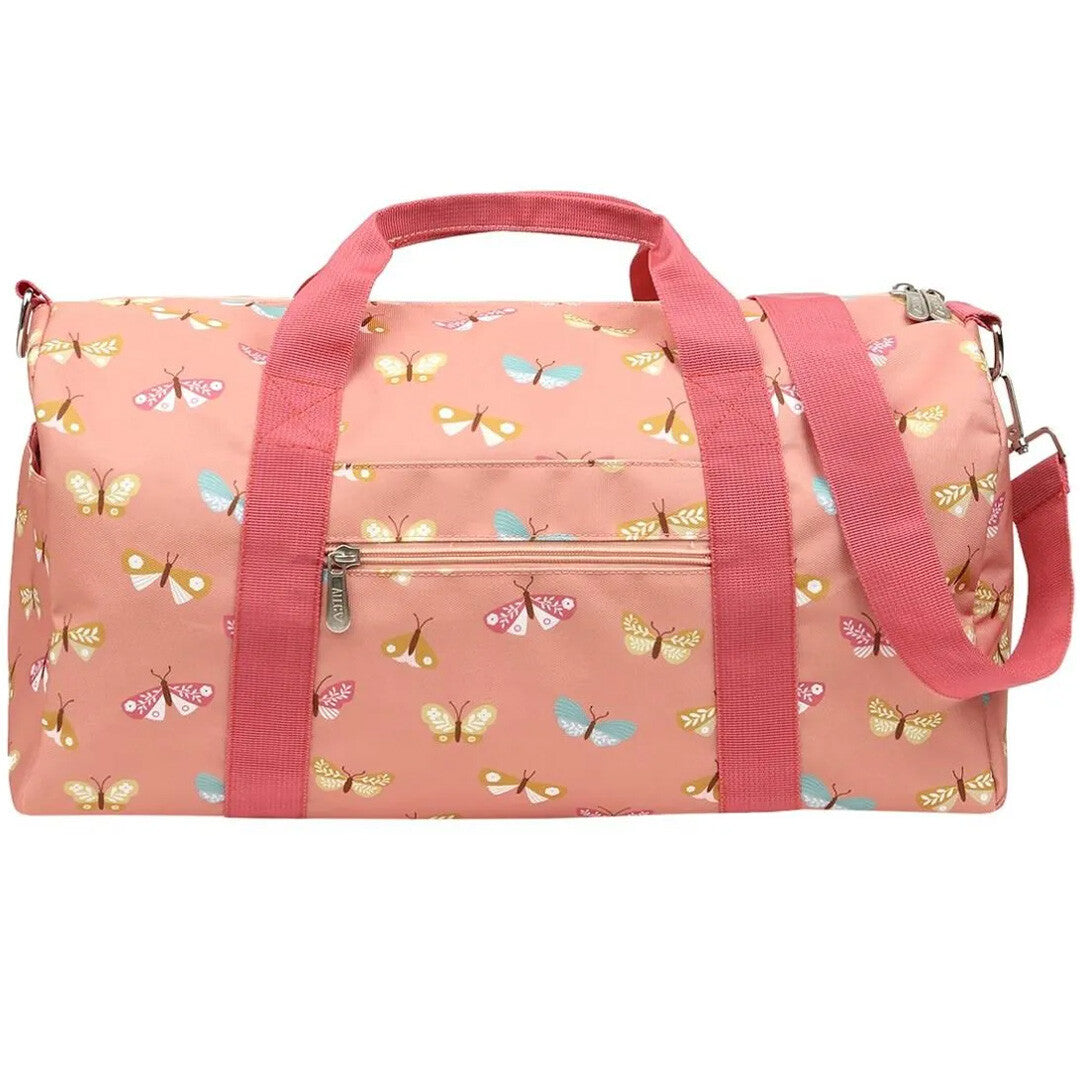A little lovely company roze kinderweekendtas met vlinderpatroon, van voren gezien.