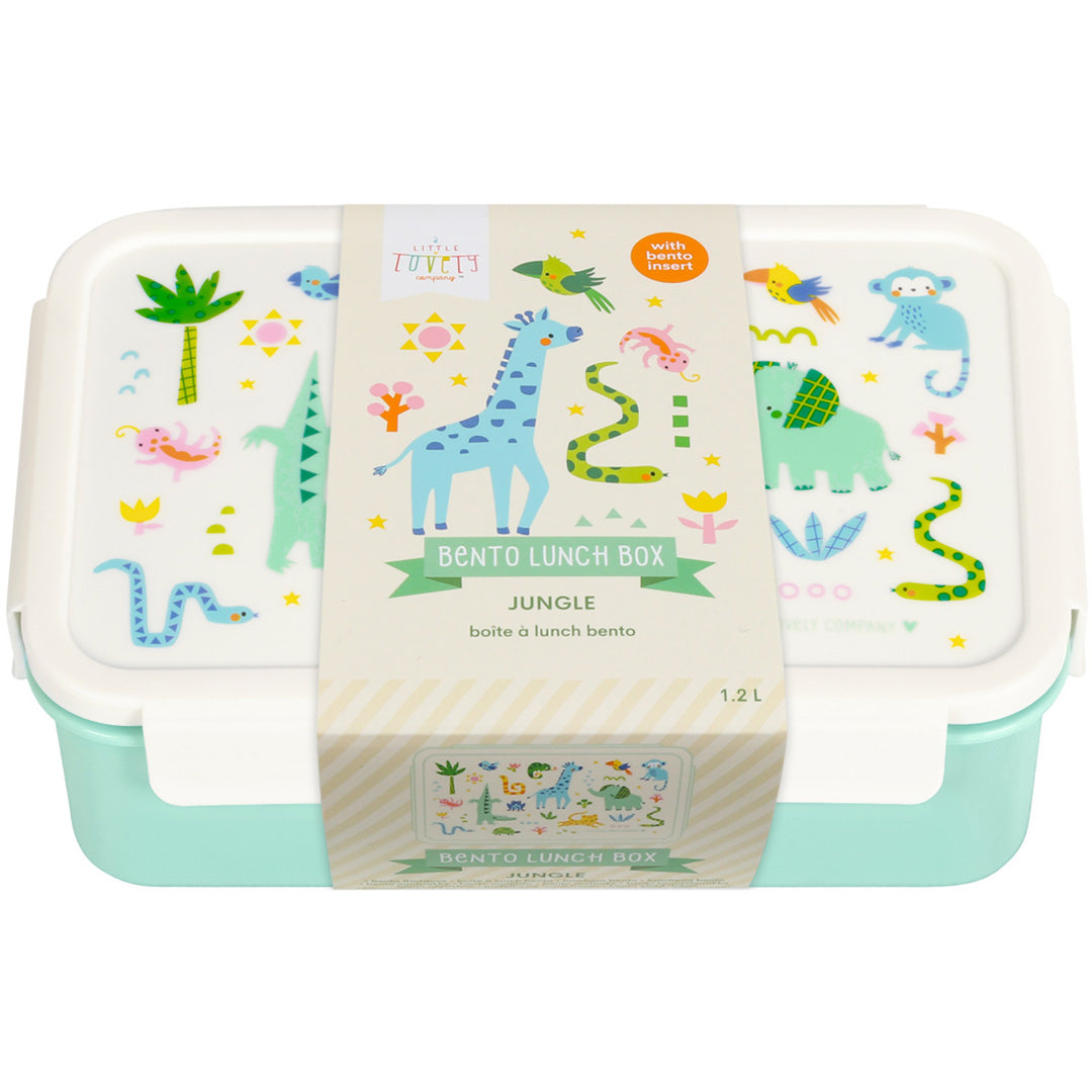 De verpakking van de a little lovely company bento broodtrommel voor kinderen met jungle dieren en productinformatie.