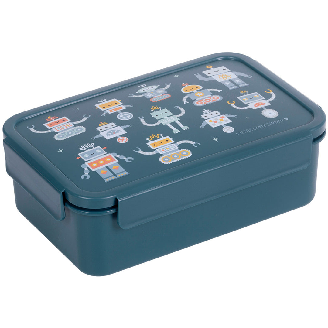 Blauwe bento broodtrommel voor kinderen met een deksel versierd met robotfiguren.