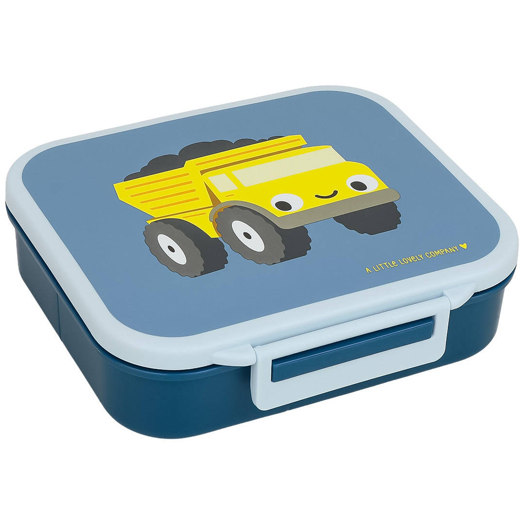 A little lovely company broodtrommel met vakjes met een illustratie van een gele kiepwagen.