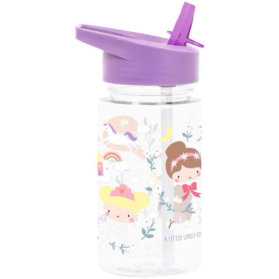 a little lovely company kinder drinkfles met paarse rietjesdop en prinsessen- en eenhoornprint.