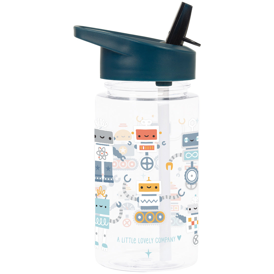 A Little Lovely Company kinderdrinkfles met rietje en robotfiguren, met merknaam onderaan.