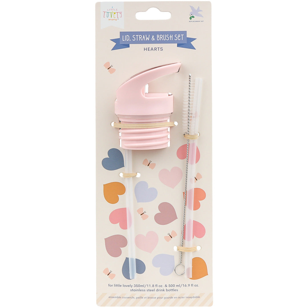 Verpakking van de a little lovely company flessendop met rietjes en borsteltje met hartjespatroon.