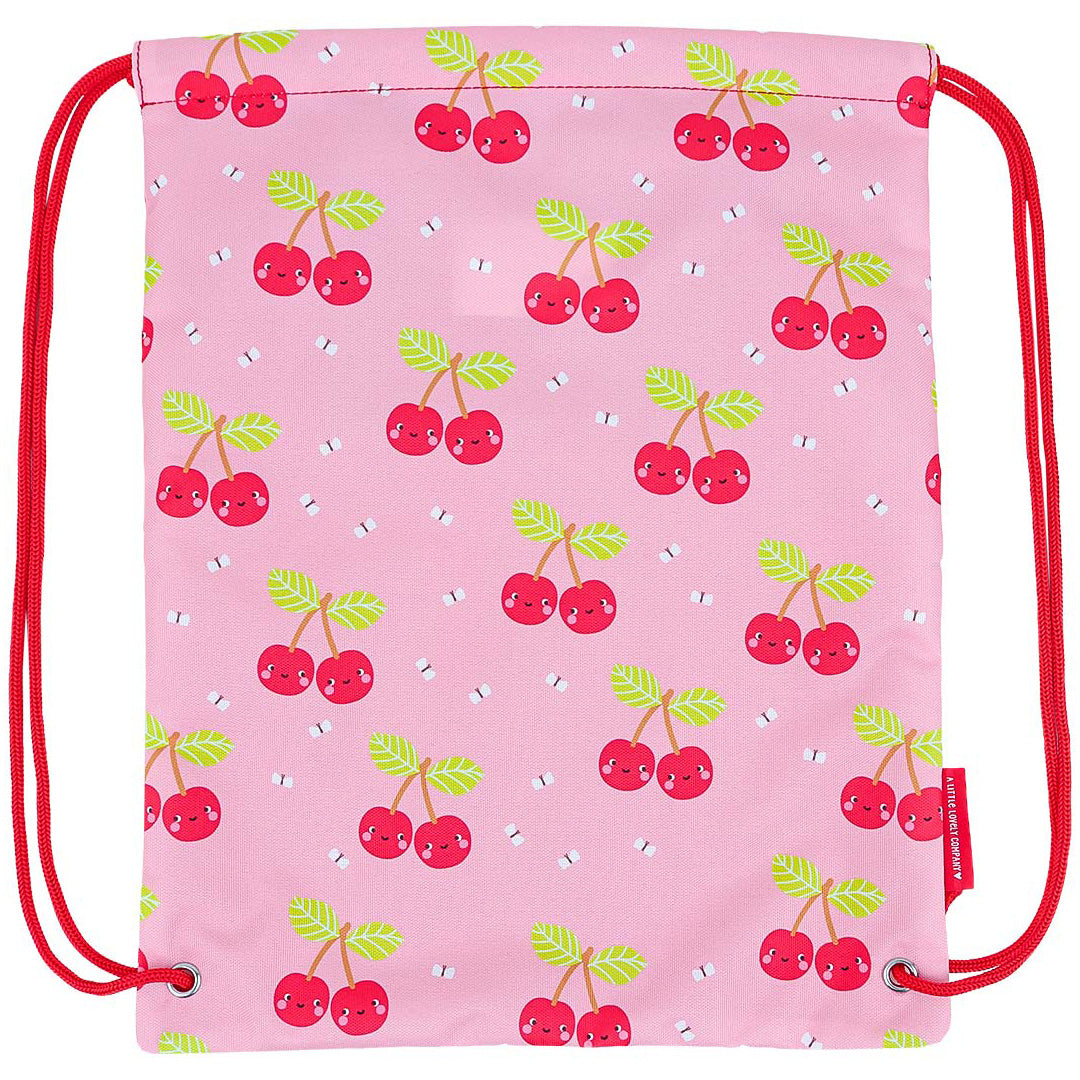 A Little Lovely Company roze gymtas met patroon van blije kersjes, plat neergelegd.