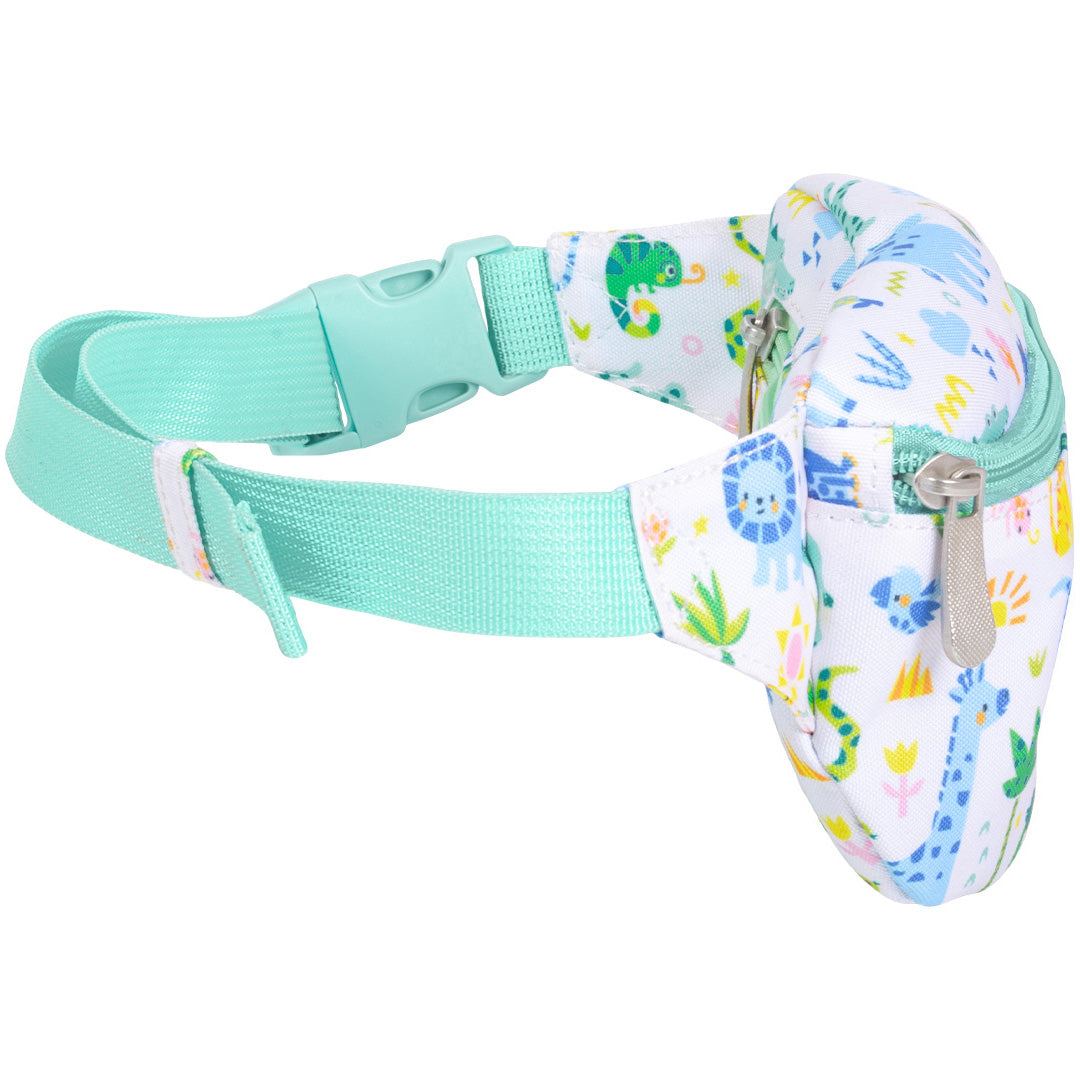 Achterkant van de a little lovely company kinder heuptas met jungle dierenprint en verstelbare mintgroene band.