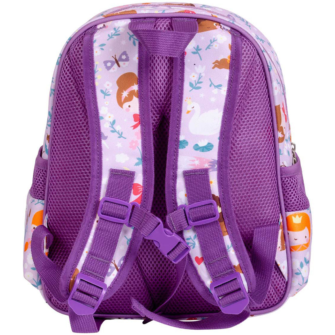 Achterkant van de a little lovely company kinderrugzak met paarse schouderbanden en borstband.