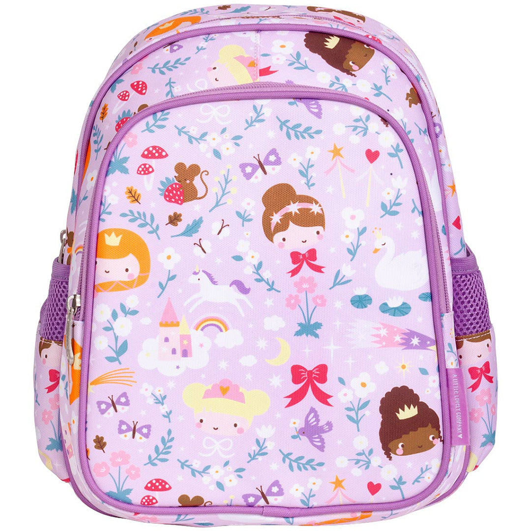 Voorkant van de a little lovely company kinderrugzak met paars prinsessen-, bloemen-, dieren- en regenboogpatroon.