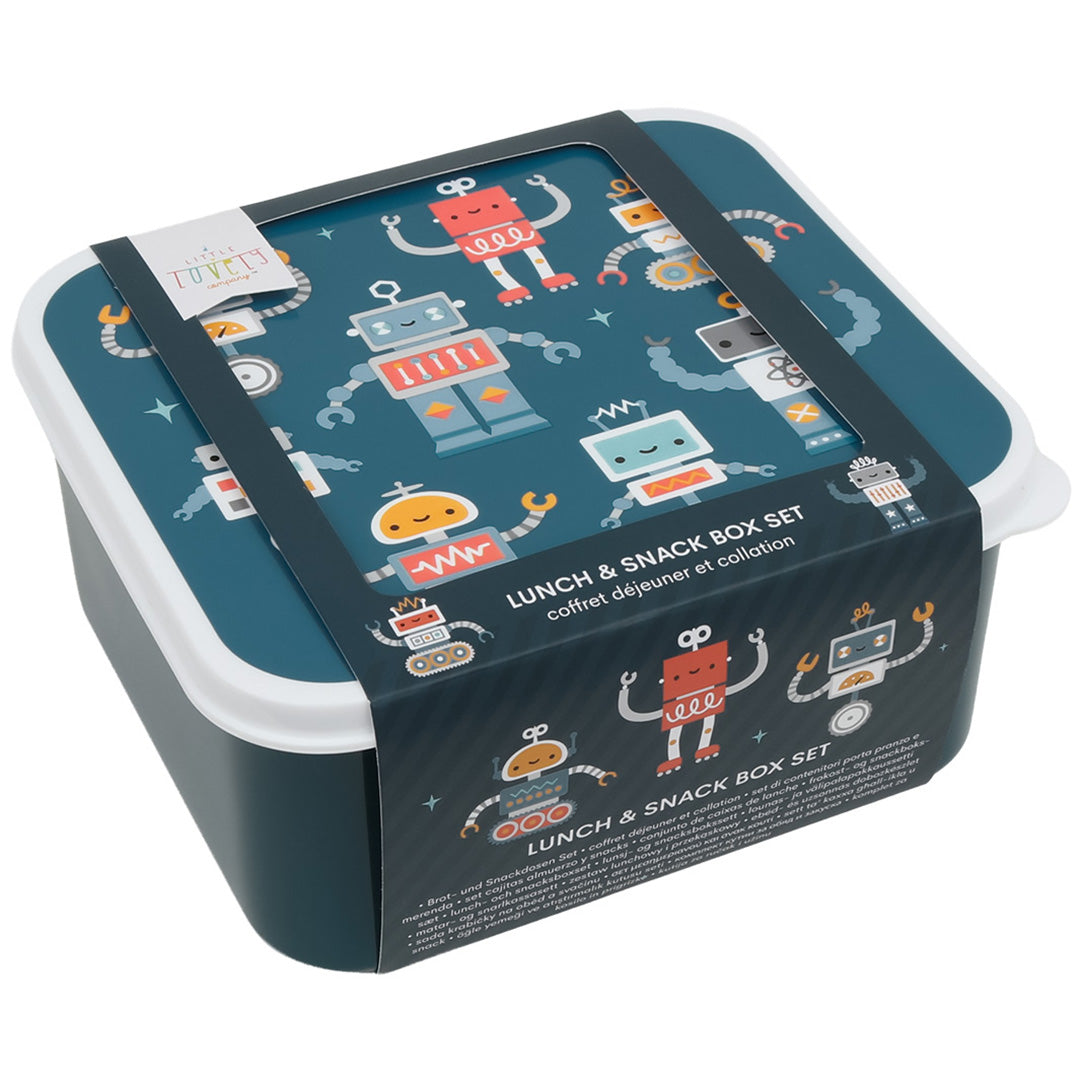 De verpakking van de a little lovely company lunchbox set voor kinderen met robotfiguren.