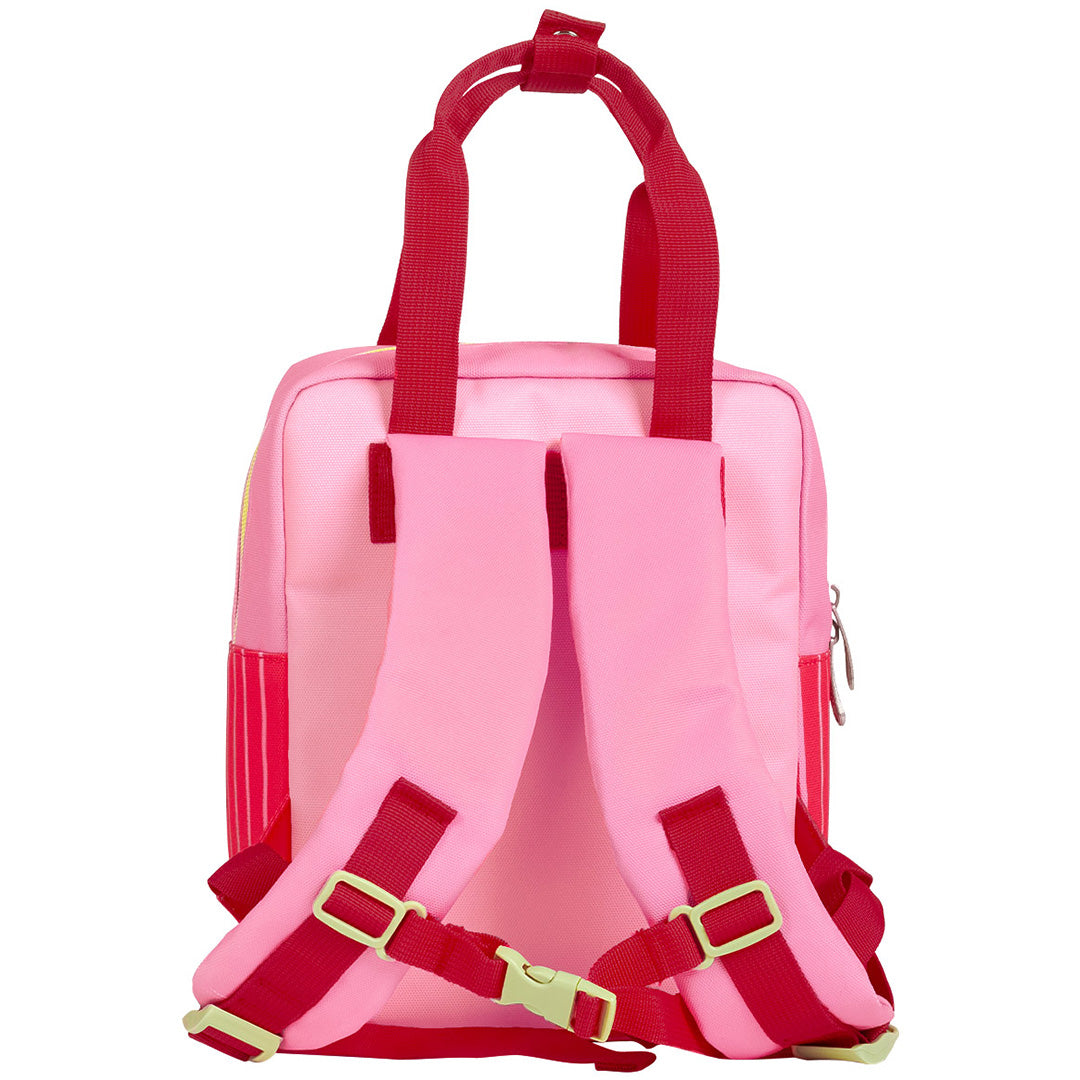 De achterkant van de A little lovely company roze peuterrugzak met verstelbare schouderbanden.
