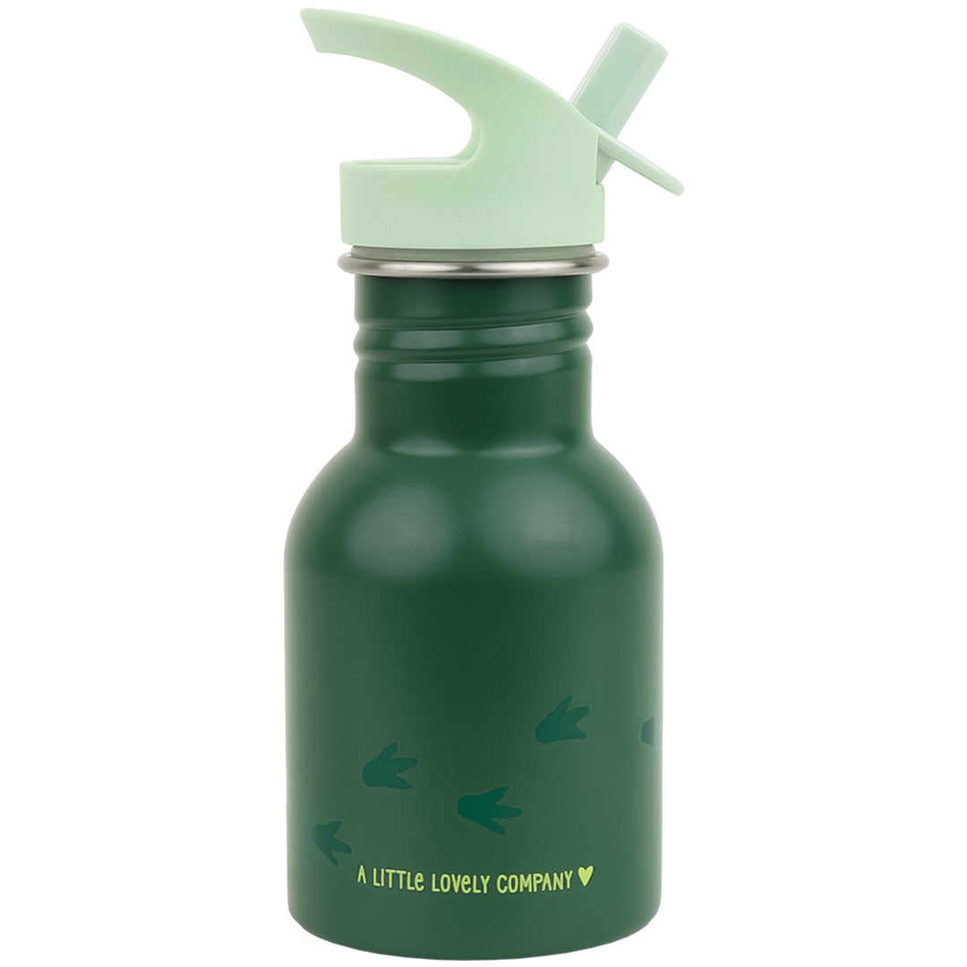 De achterkant van de groene a little lovely company kinderwaterfles met kleine dinosaurusvoetsporen en het merklogo.