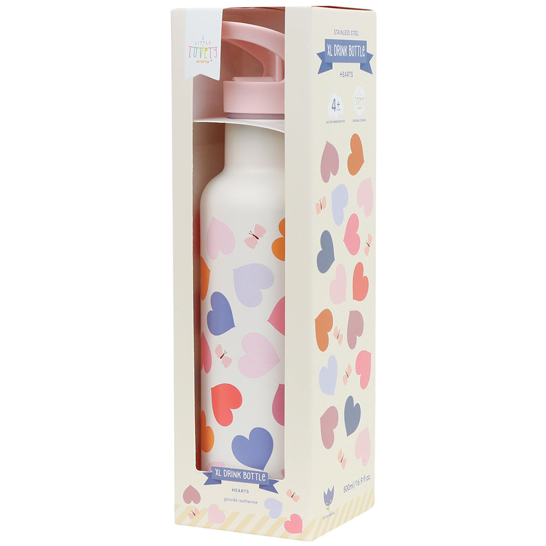 De A little lovely company kinder drinkfles met hartjespatroon in de bijpassende verpakking.