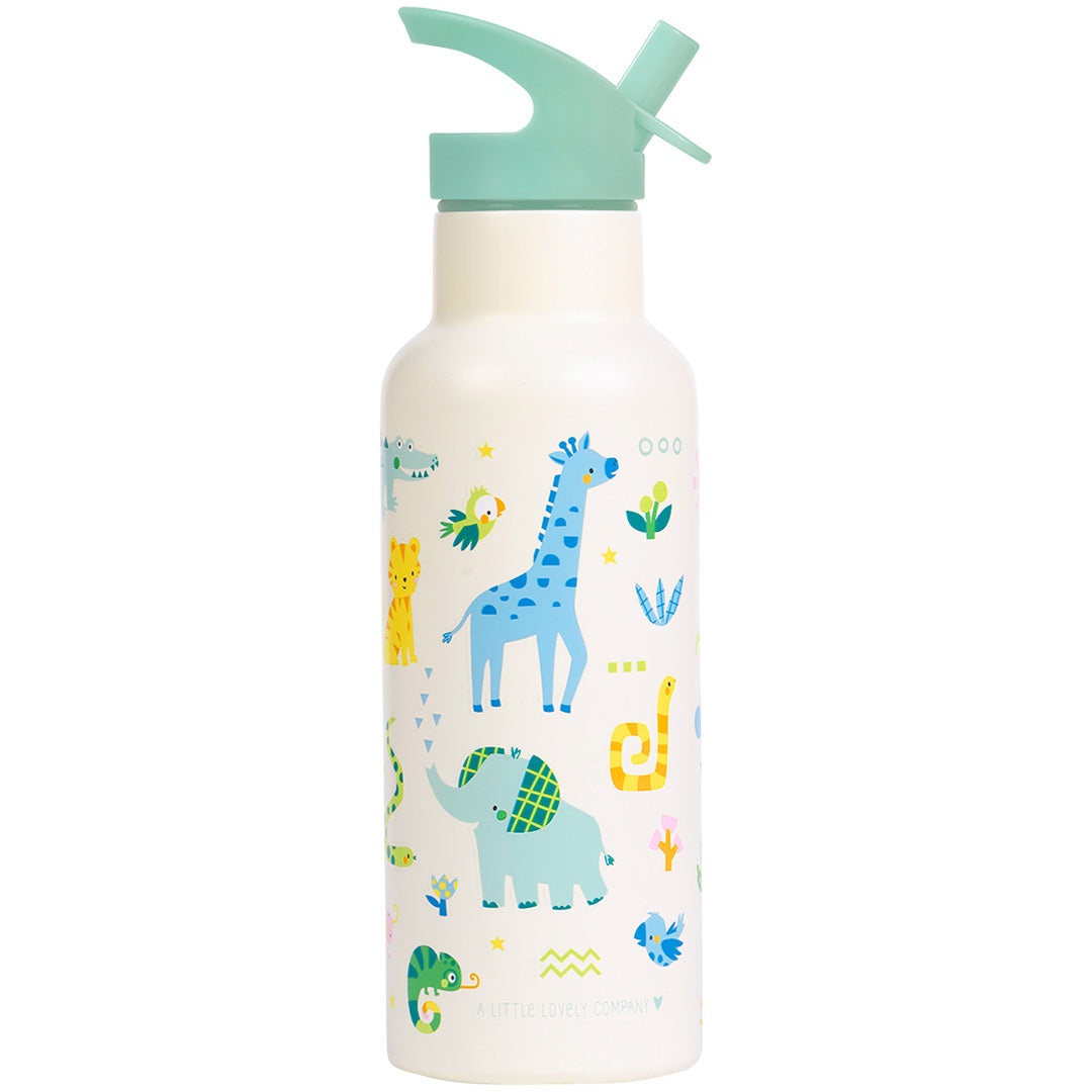 Een a little lovely company kinderdrinkfles van roestvrij staal met een patroon van jungle dieren zoals een giraffe en olifant.