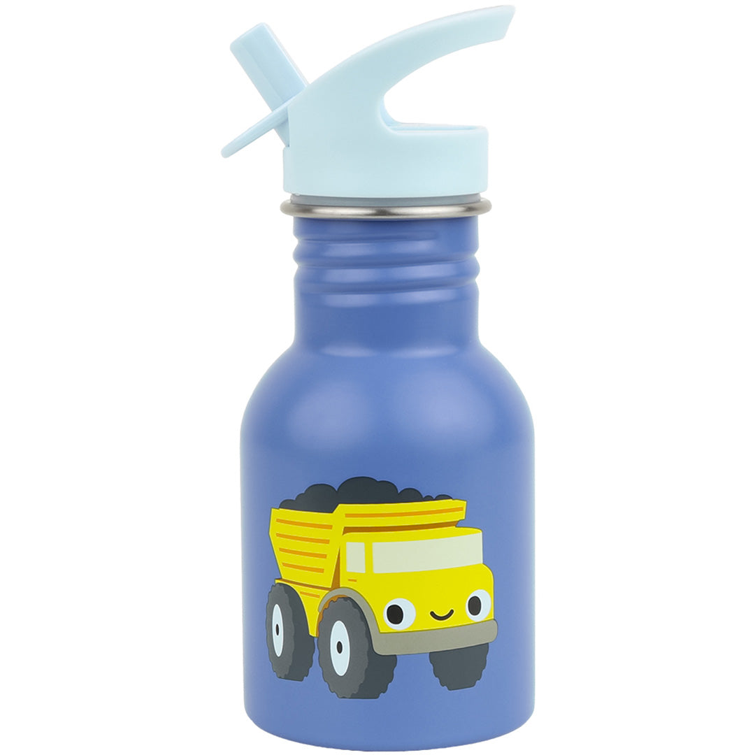A little lovely company blauwe rvs kinderdrinkfles met een gele kiepwagen illustratie en lichtblauwe drinktuit.