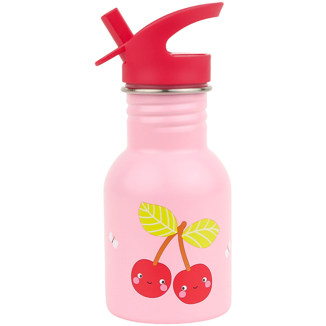 Een roze a little lovely company kinder drinkfles van roestvrij staal met een rode dop en een opdruk van vrolijke kersjes.