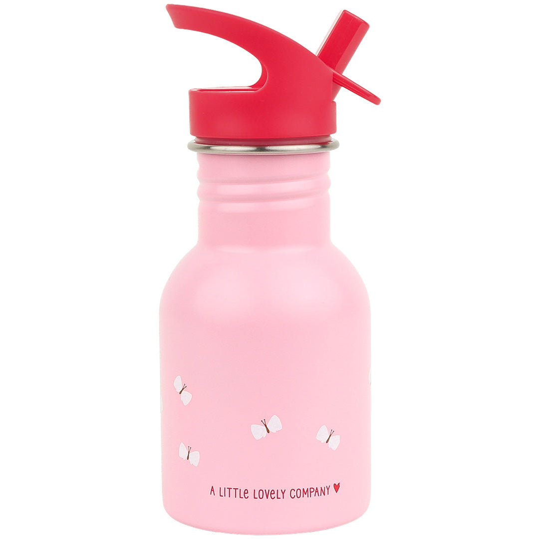 De achterkant van de roze a little lovely company kinder drinkfles met kleine witte vlinders en het merklogo.